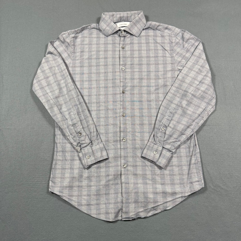 Calvin Klein Men Slim Fit Stretch Plaid Button Down Shirt Grey Blue 15.5 32/33 M